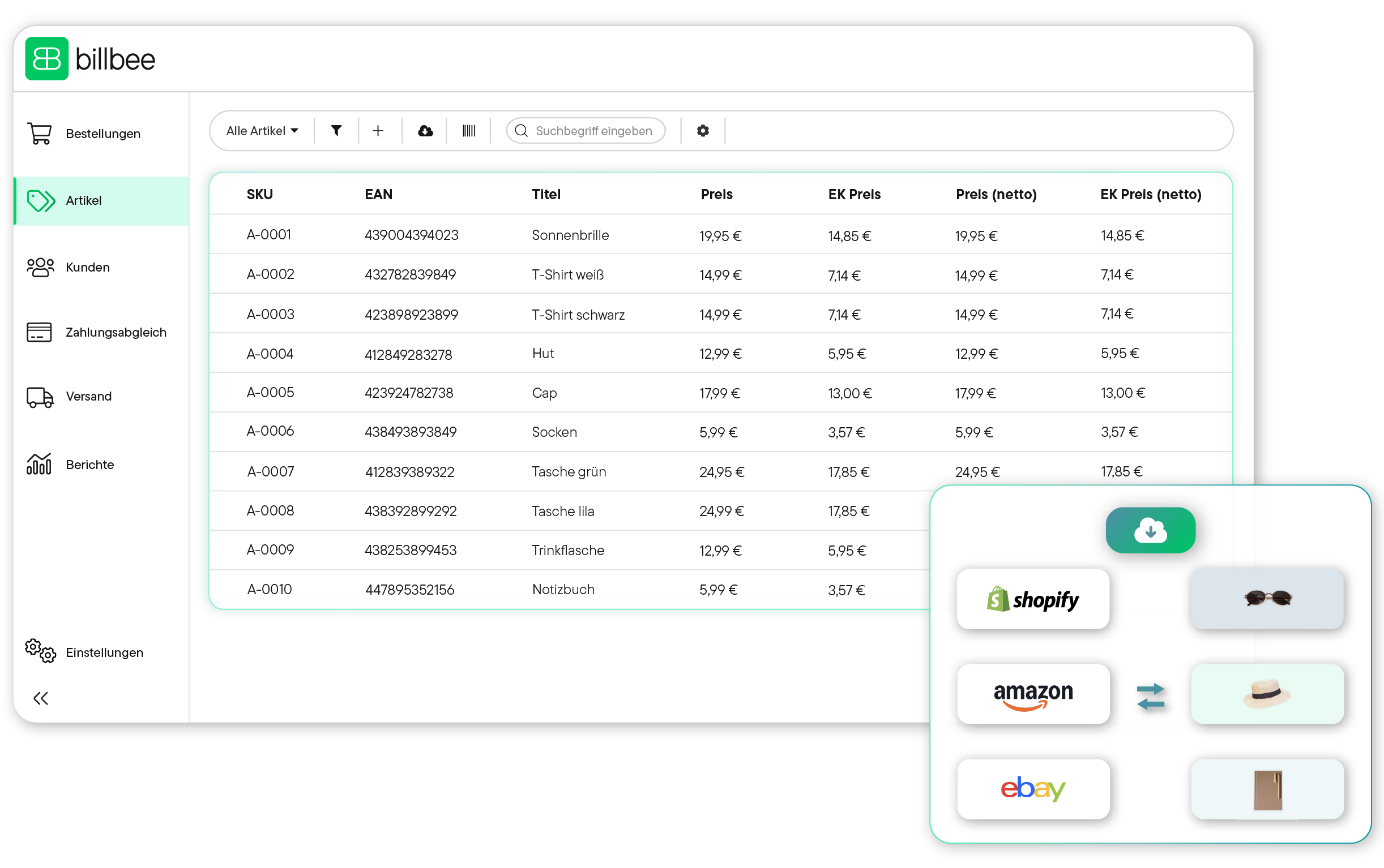 Benutzeroberfläche von Billbee mit einer Tabelle der Bestellungen aus verschiedenen Shops, inklusive Rechnungsnummer, Zahlart, Käufer, Status, Summe und Tags; daneben ein Balkendiagramm mit Berichten für Do und Fr.