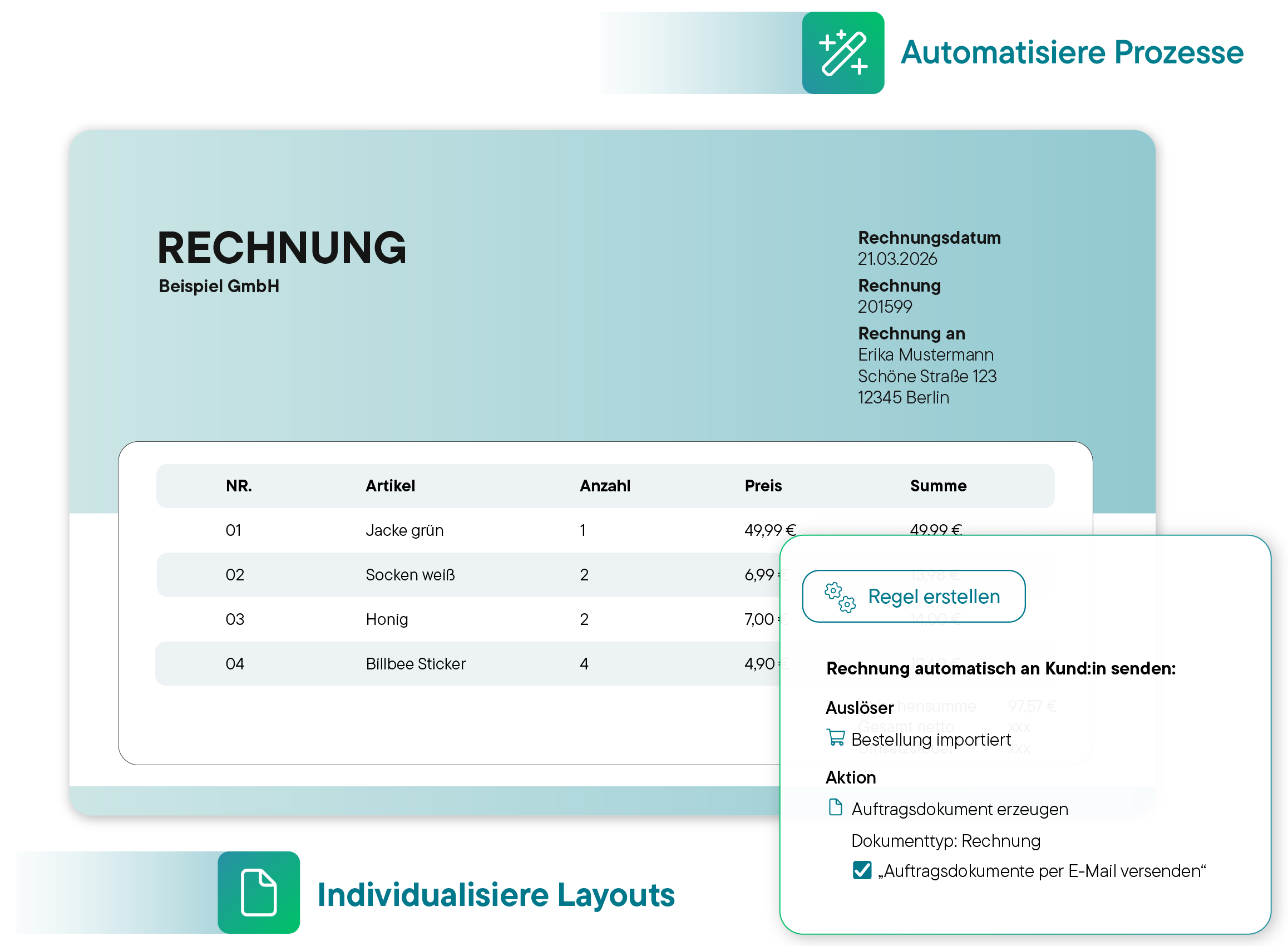 Benutzeroberfläche von Billbee mit einer Tabelle der Bestellungen aus verschiedenen Shops, inklusive Rechnungsnummer, Zahlart, Käufer, Status, Summe und Tags; daneben ein Balkendiagramm mit Berichten für Do und Fr.