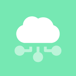 Weißes Cloud-Computing-Symbol mit verbundenen Knoten auf grünem Hintergrund.