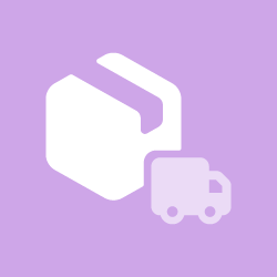 Weißes Symbol einer Lieferbox und eines Lieferwagens auf lila Hintergrund, das effiziente Versandabwicklung darstellt.