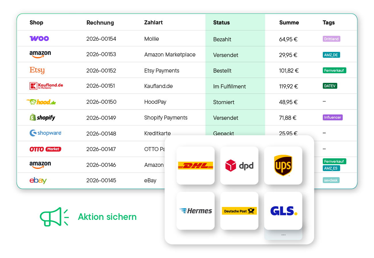 Tabelle mit Shops, Rechnungsnummern, Zahlarten, Status, Summen und Tags neben Symbolen verschiedener Versanddienstleister wie DHL, DPD, UPS, Hermes, Deutsche Post und GLS.