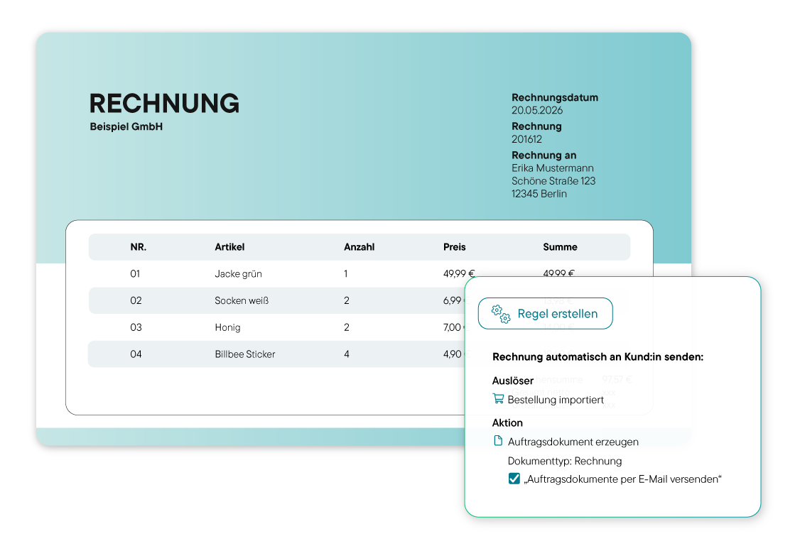 Automatisch erstellte Rechnung mit allen Pflichtangaben und einer Regel, die die Automatisierung definiert