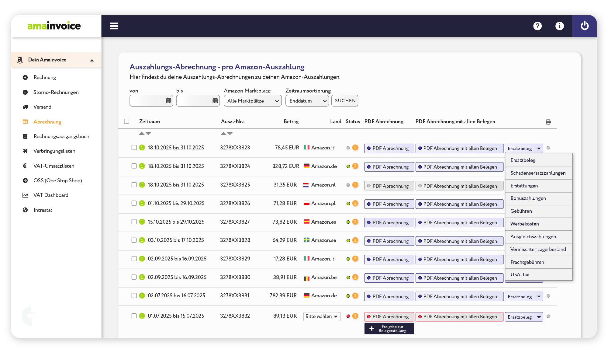 Einblick in Amainvoice (Buchhaltungstool für Amazon) zeigt Tabelle der Amazon-Auszahlungs-Abrechnungen mit Datum, Betrag, Land, Status und PDF-Optionen im Dashboard.