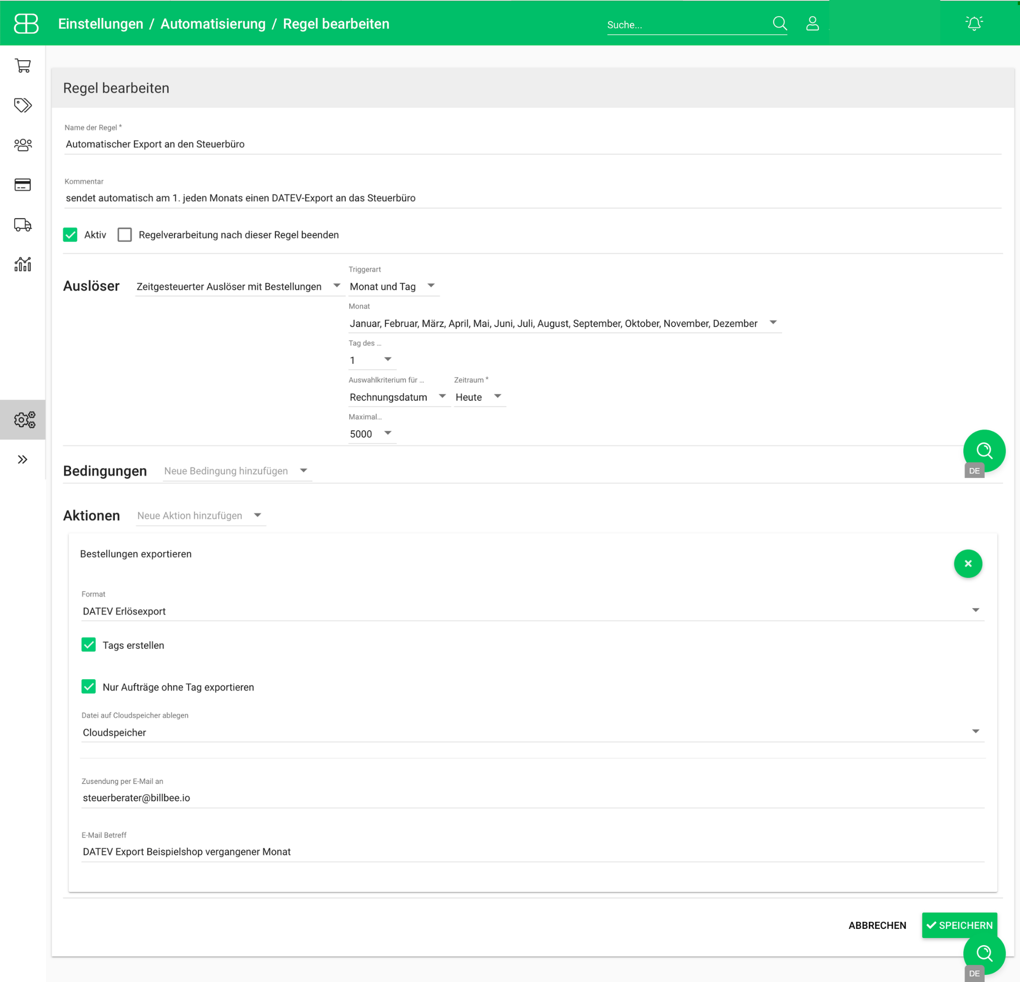 Screenshot aus Billbee mit der Beispielregel für den automatischen Export und Versand eines DATEV-Exports an das SteuerbüropV