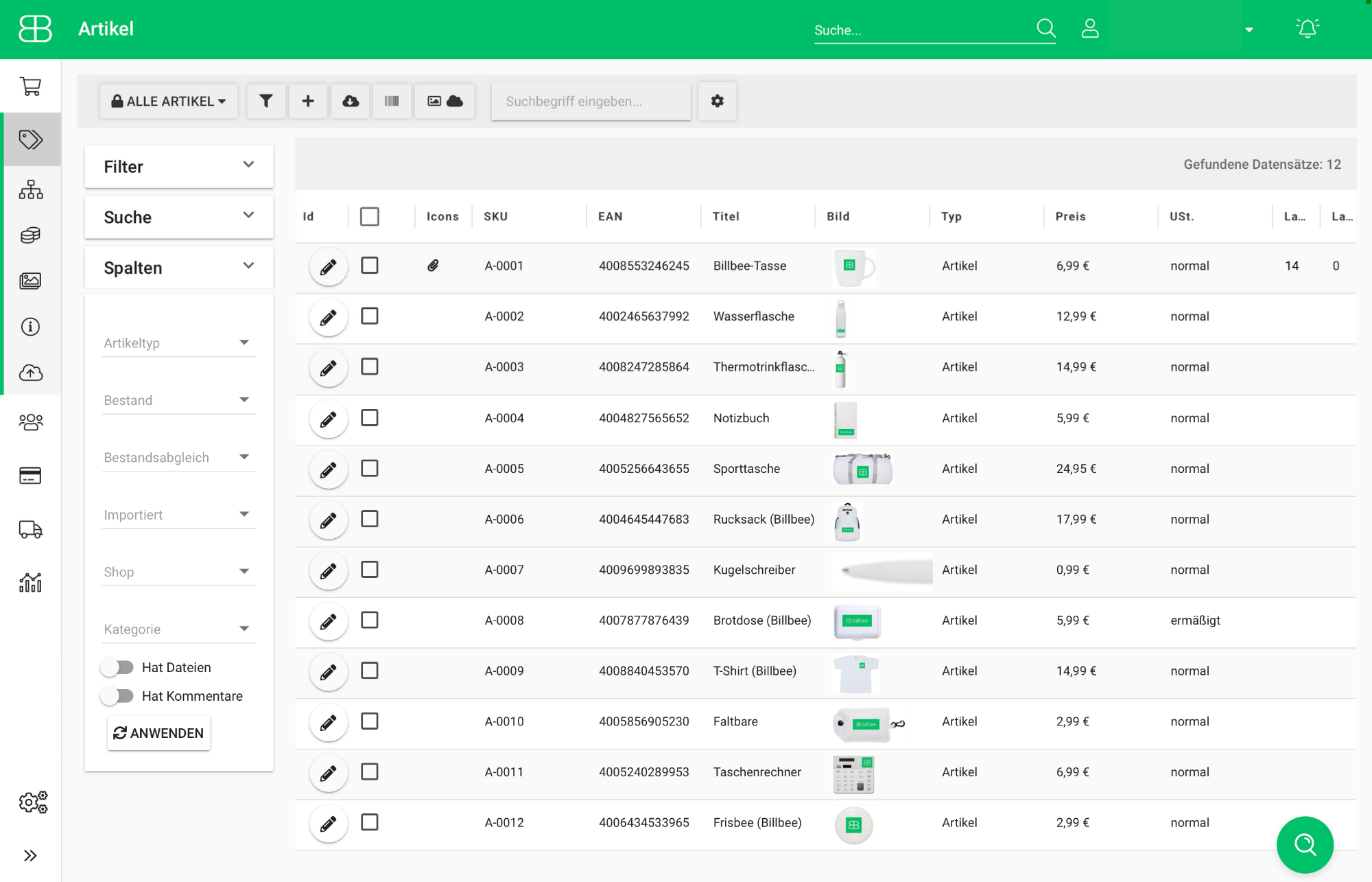 Screenshot aus Billbee von der Artikelübersicht mit Artikelbildern