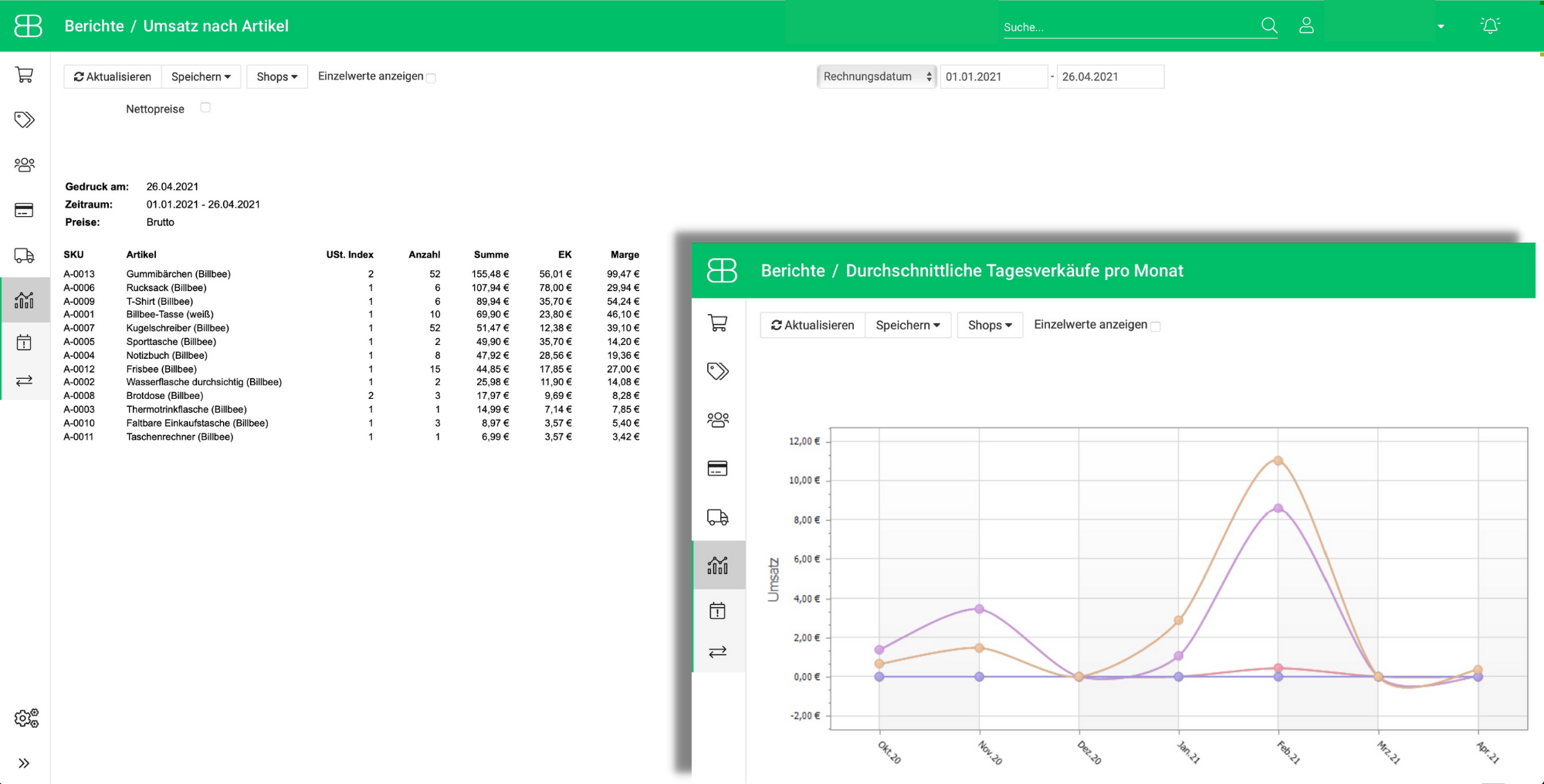 Screenshot aus Billbee Berichte zu Umsätzen und Verkäufen
