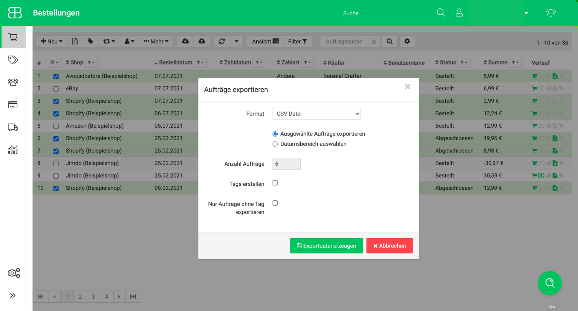 Screenshot aus Billbee vom Export von Bestellungen