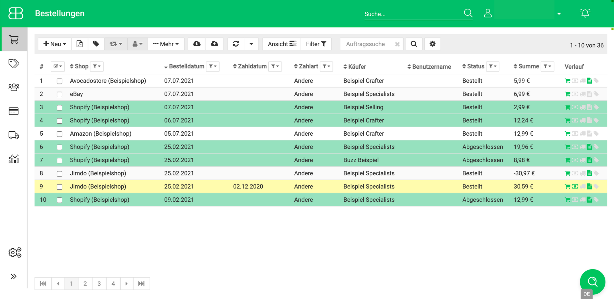Screenshot aus Billbee aus der Bestellübersicht mit Farbregeln