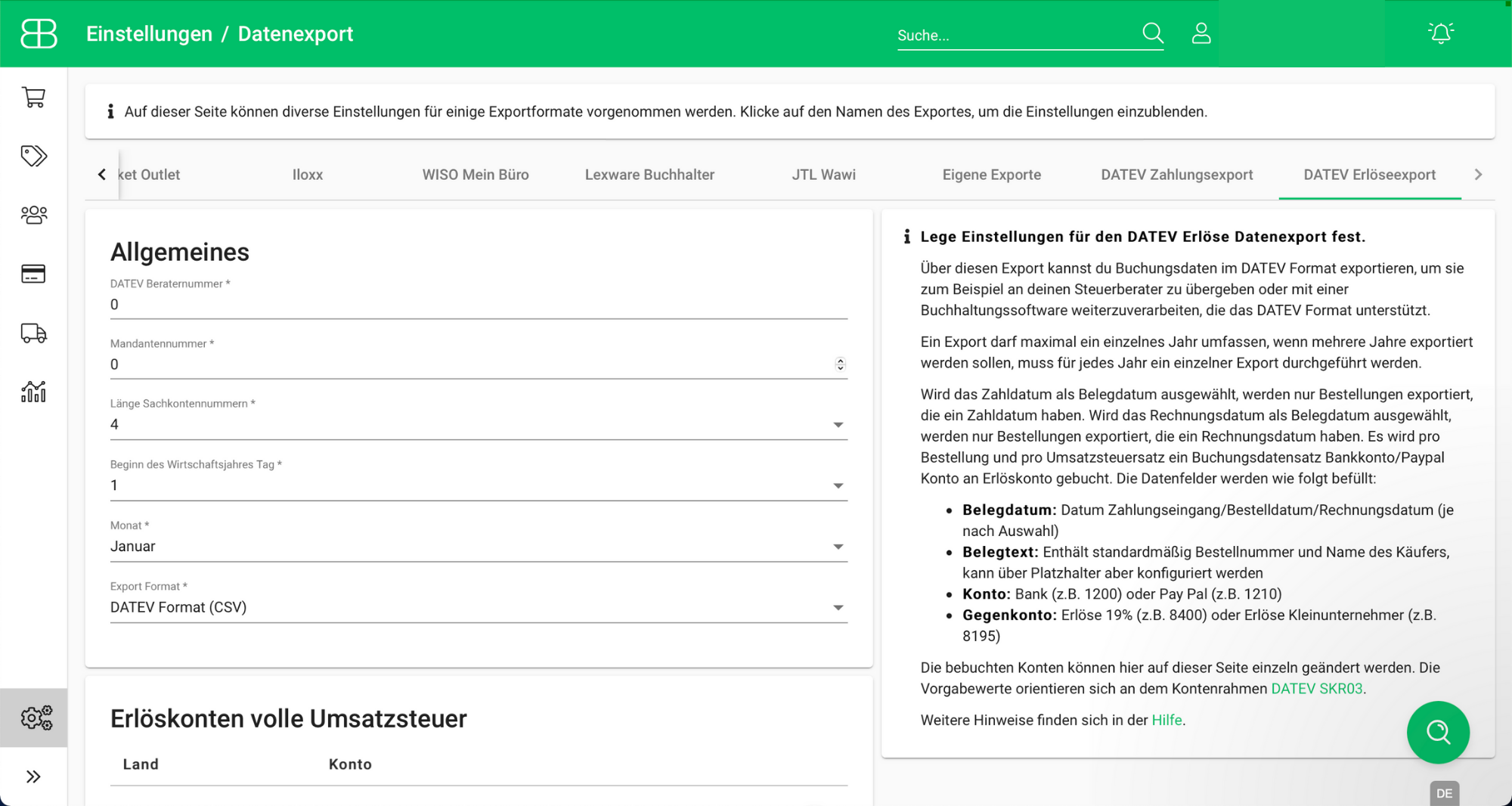 Screenshot aus Billbee von der Konfiguration des DATEV Exports
