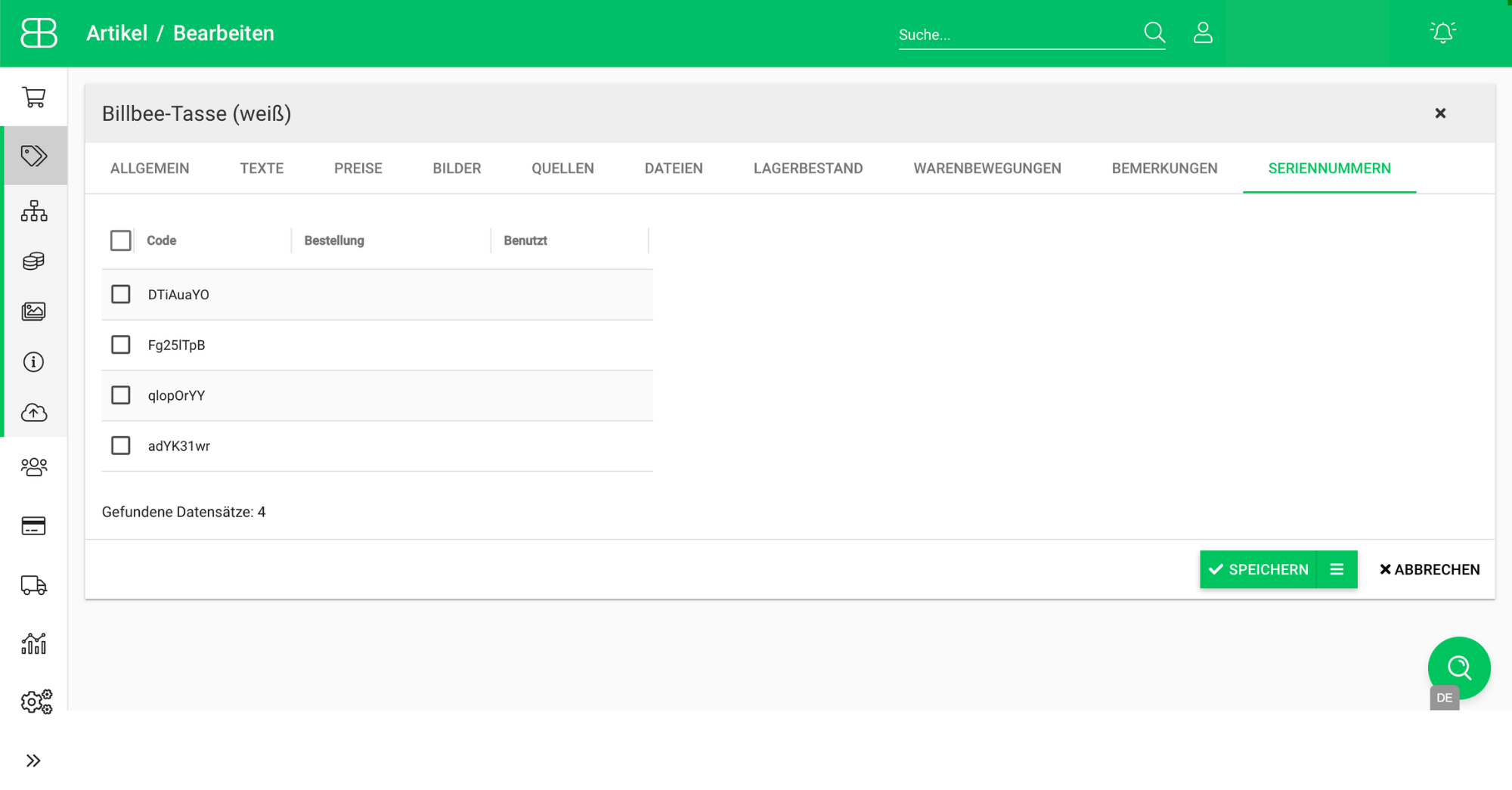 Screenshot aus der Billbee Artikelverwaltung mit Seriennummern