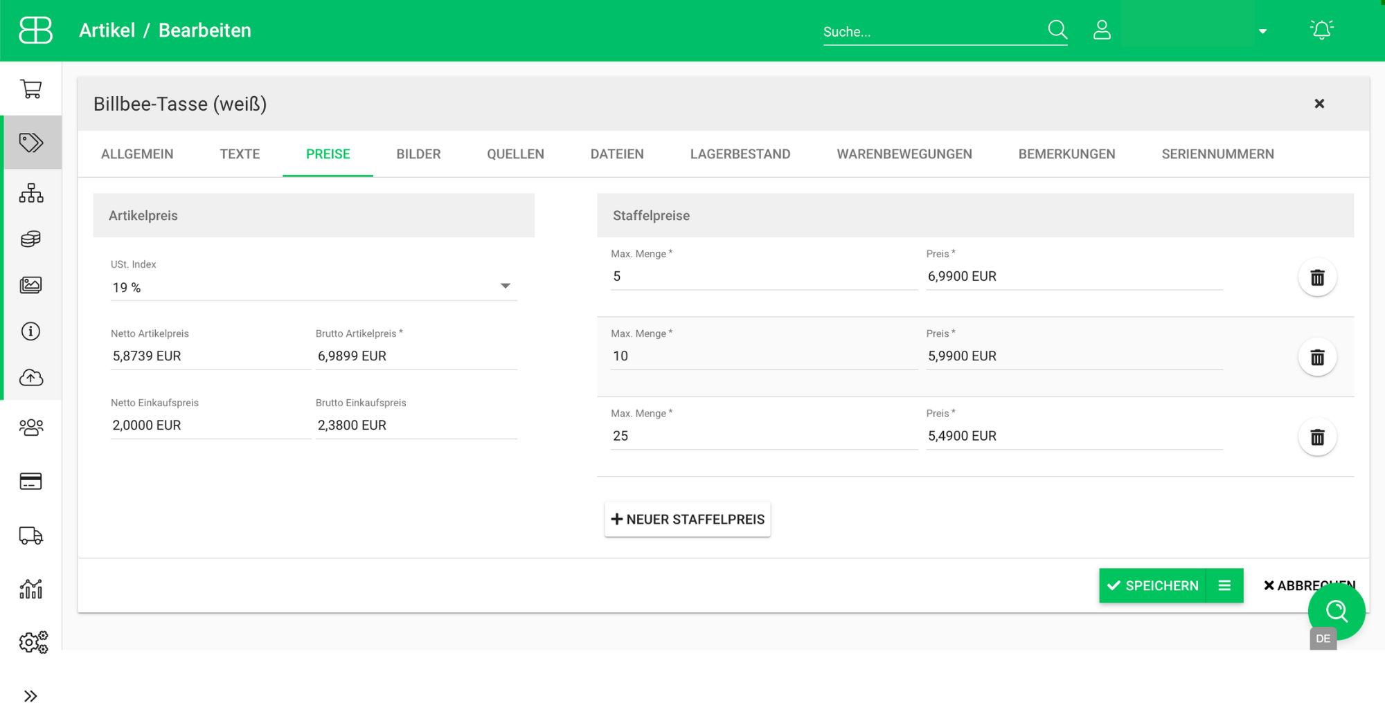 Screenshot aus Billbee zur Artikelverwaltung von Staffelpreisen