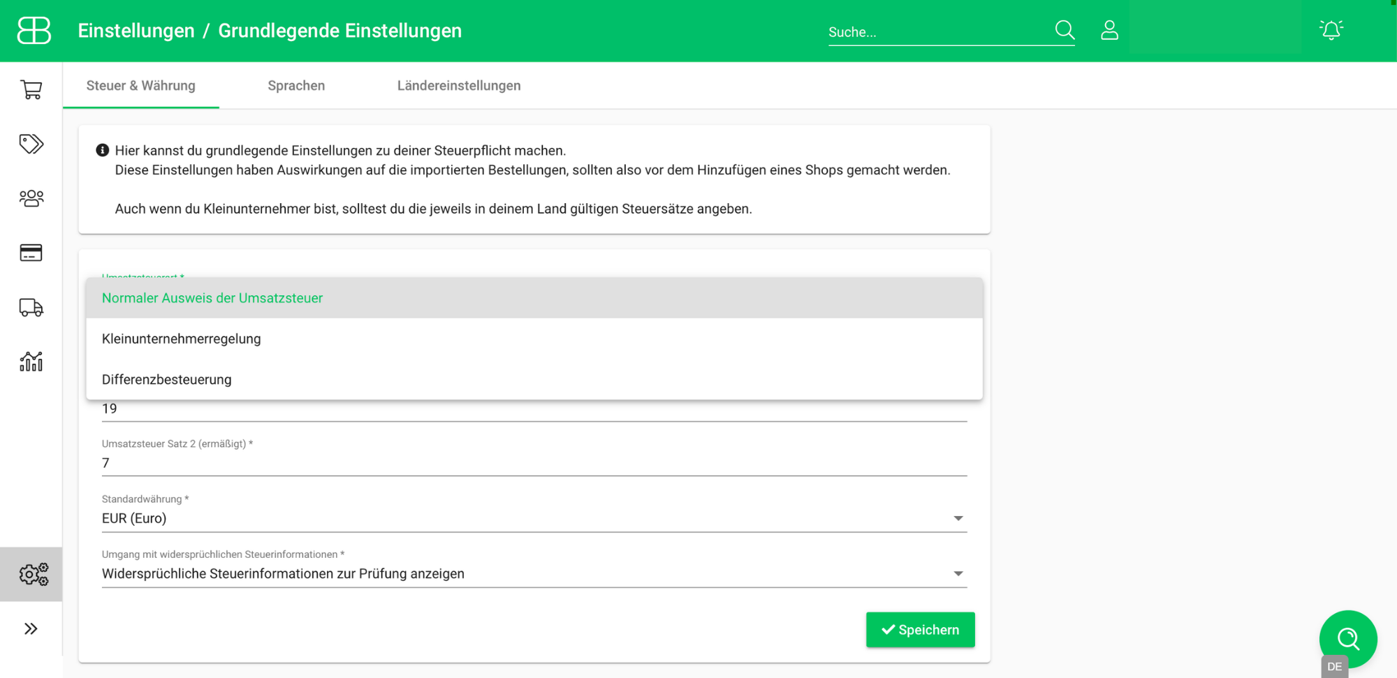 Screenshot aus Billbee zu den Steuereinstellungen