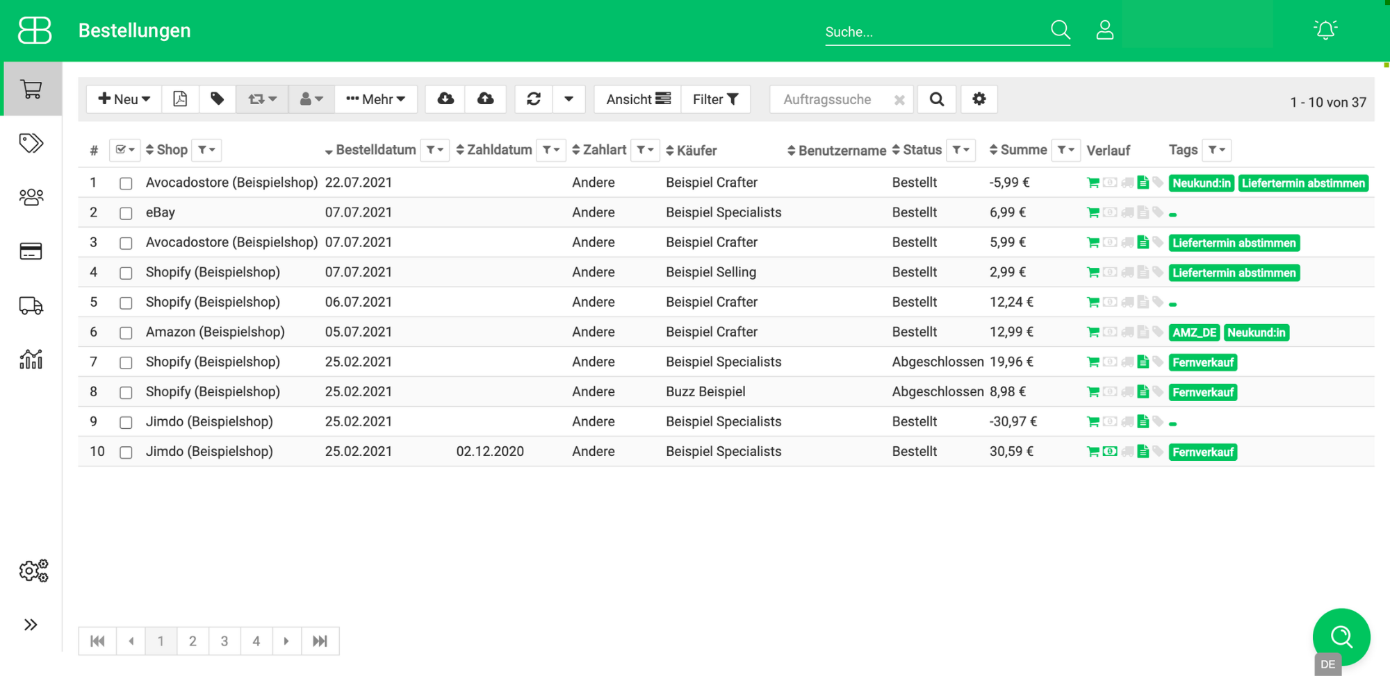 Screenshot aus Billbee von der Bestellübersicht mit Tags