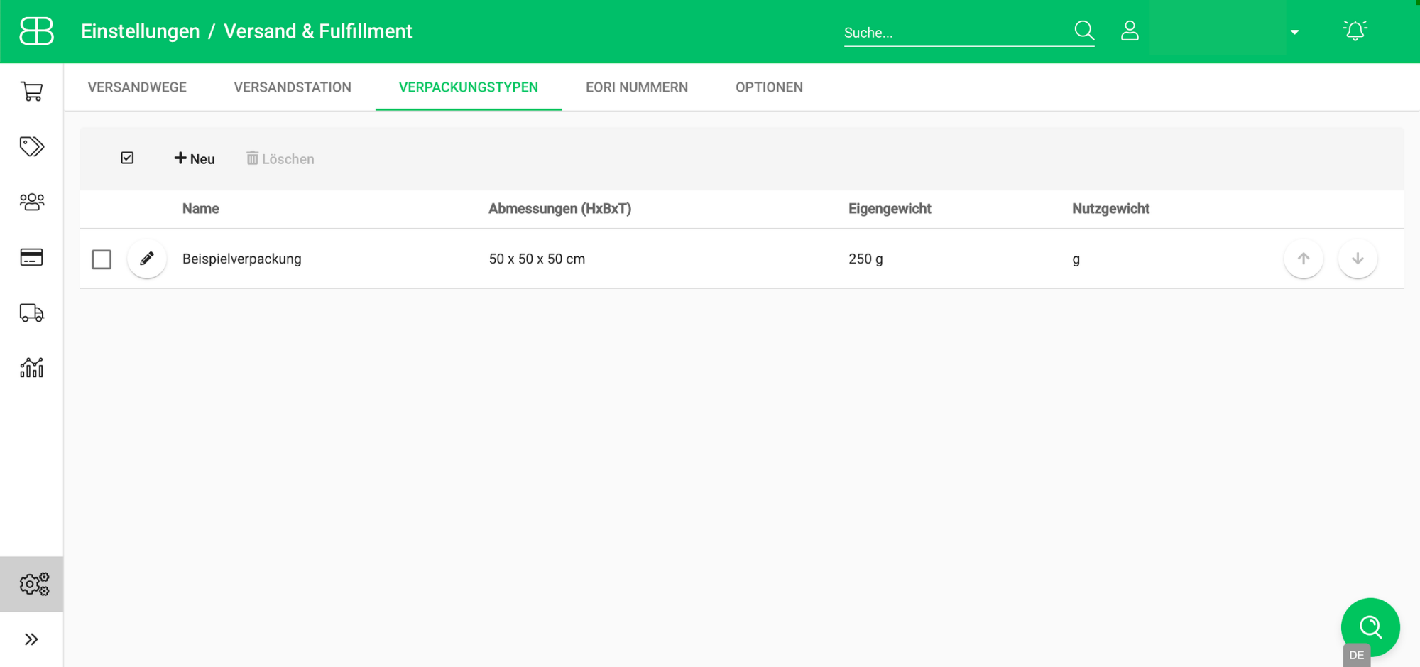Screenshot aus Billbee zur Verwaltung und Konfiguration von Verpackungstypen
