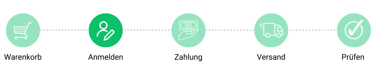 Fünf grüne und graue Kreise mit Symbolen: Warenkorb, Benutzer, Geld, Lkw, Häkchen. Der Benutzerkreis ist grün hervorgehoben.