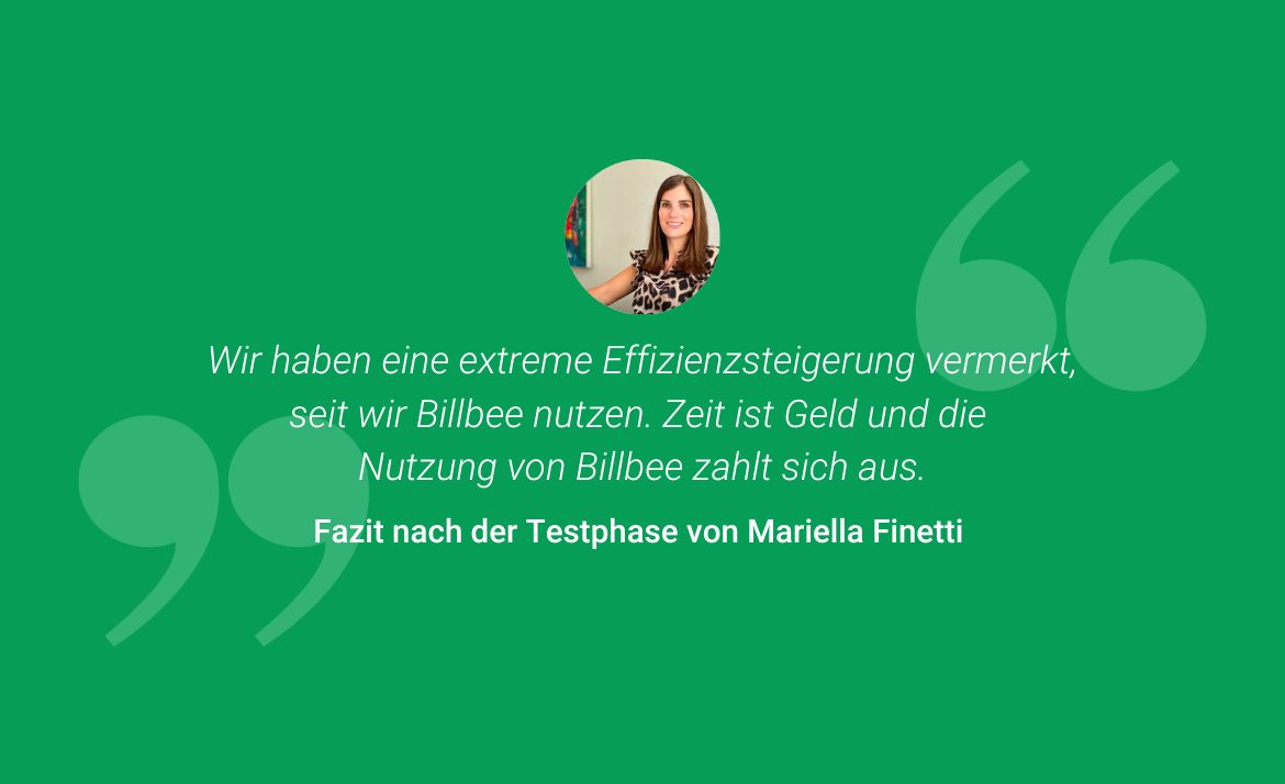Zitat von Mariella Finetti: 'Wir haben eine extreme Effizienzsteigerung vermerkt, seit wir Billbee nutzen. Zeit ist Geld und die Nutzung von Billbee zahlt sich aus.'