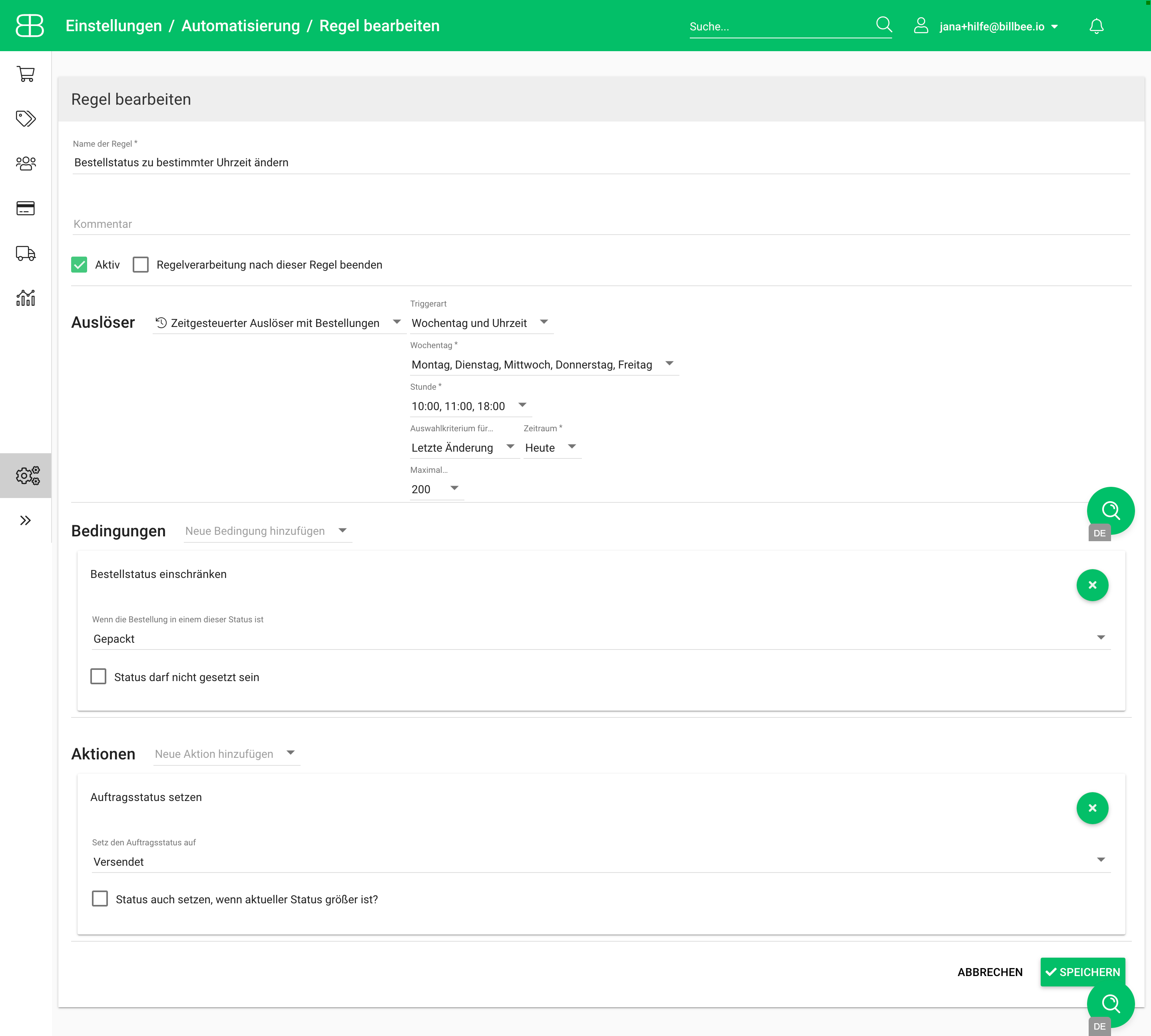 Billbee Regel für die automatische zeitverzögerte Statusänderung / Billbee Automatisierung