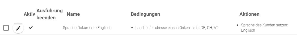 Tabelle mit Spalten für Aktiv, Ausführung beenden, Name, Bedingungen und Aktionen; Eintrag zeigt Sprache 'Dokumente Englisch' mit Bedingung 'Land Lieferadresse einschränken: nicht DE, CH, AT' und Aktion 'Sprache des Kunden setzen: Englisch'