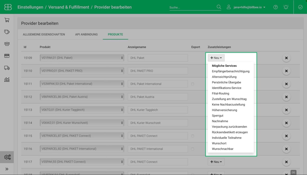 Screenshot der Produktverwaltung mit einer Liste von DHL-Produkten und einem Dropdown-Menü für zusätzliche Leistungen wie Identifikations-Service und Wunschpaket