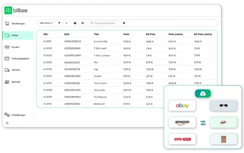 Benutzeroberfläche von Billbee mit einer Tabelle der Bestellungen aus verschiedenen Shops, inklusive Rechnungsnummer, Zahlart, Käufer, Status, Summe und Tags; daneben ein Balkendiagramm mit Berichten für Do und Fr.