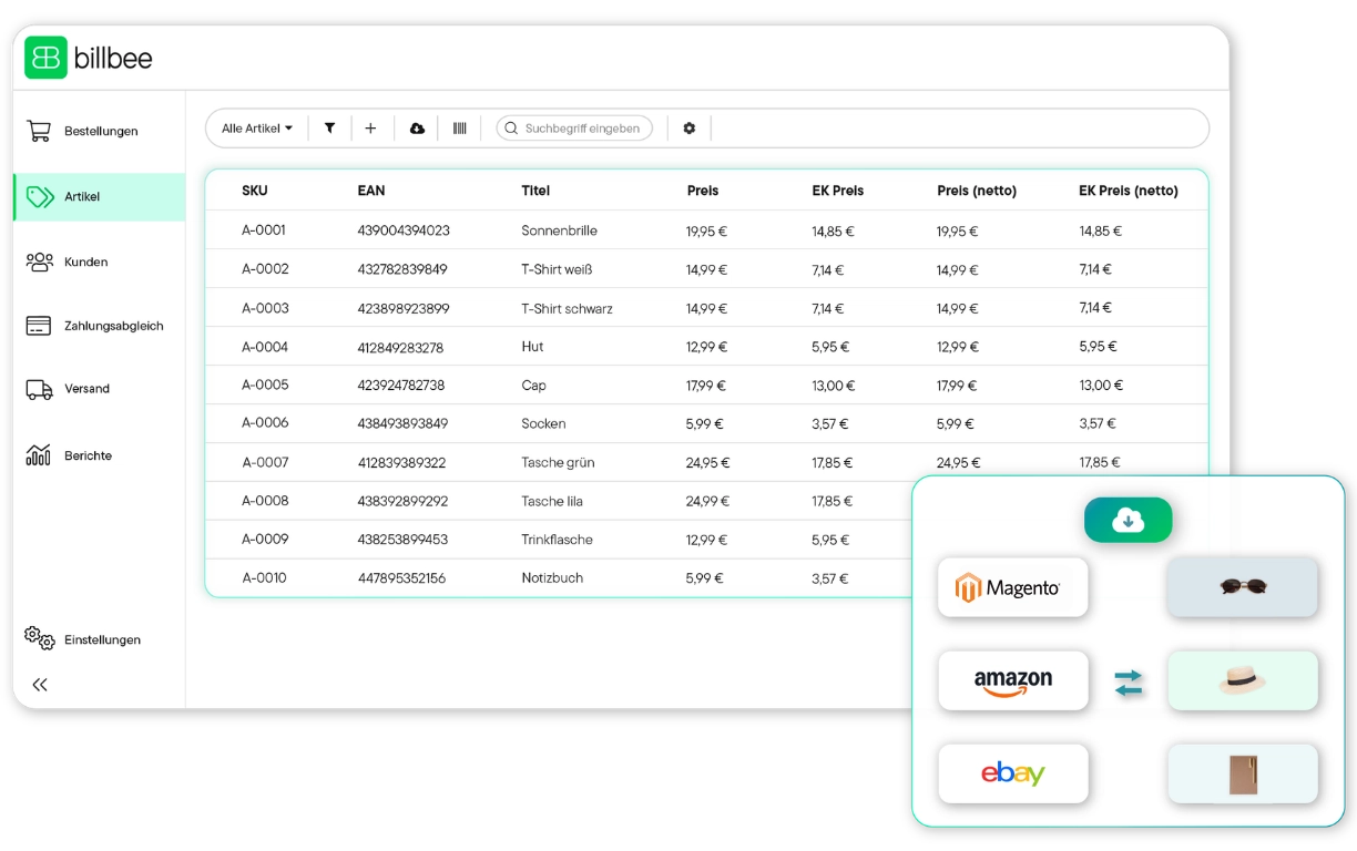 Benutzeroberfläche von Billbee mit einer Tabelle der Bestellungen aus verschiedenen Shops, inklusive Rechnungsnummer, Zahlart, Käufer, Status, Summe und Tags; daneben ein Balkendiagramm mit Berichten für Do und Fr.