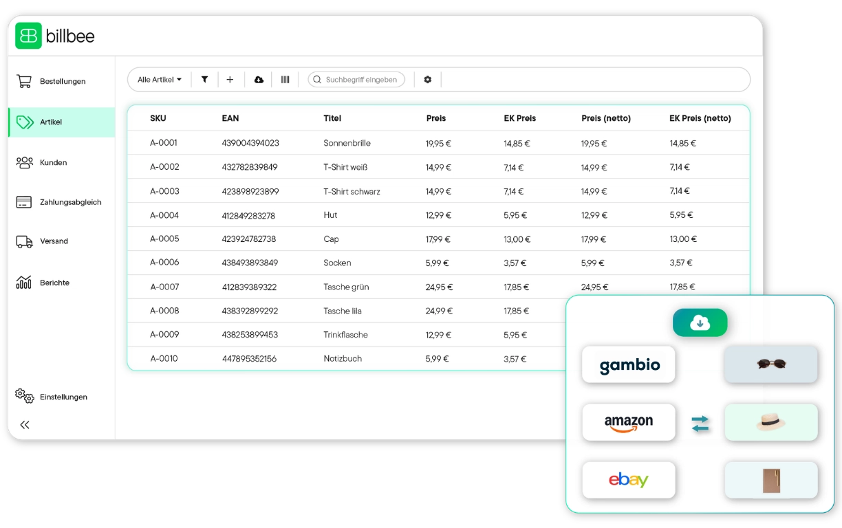 Benutzeroberfläche von Billbee mit einer Tabelle der Bestellungen aus verschiedenen Shops, inklusive Rechnungsnummer, Zahlart, Käufer, Status, Summe und Tags; daneben ein Balkendiagramm mit Berichten für Do und Fr.