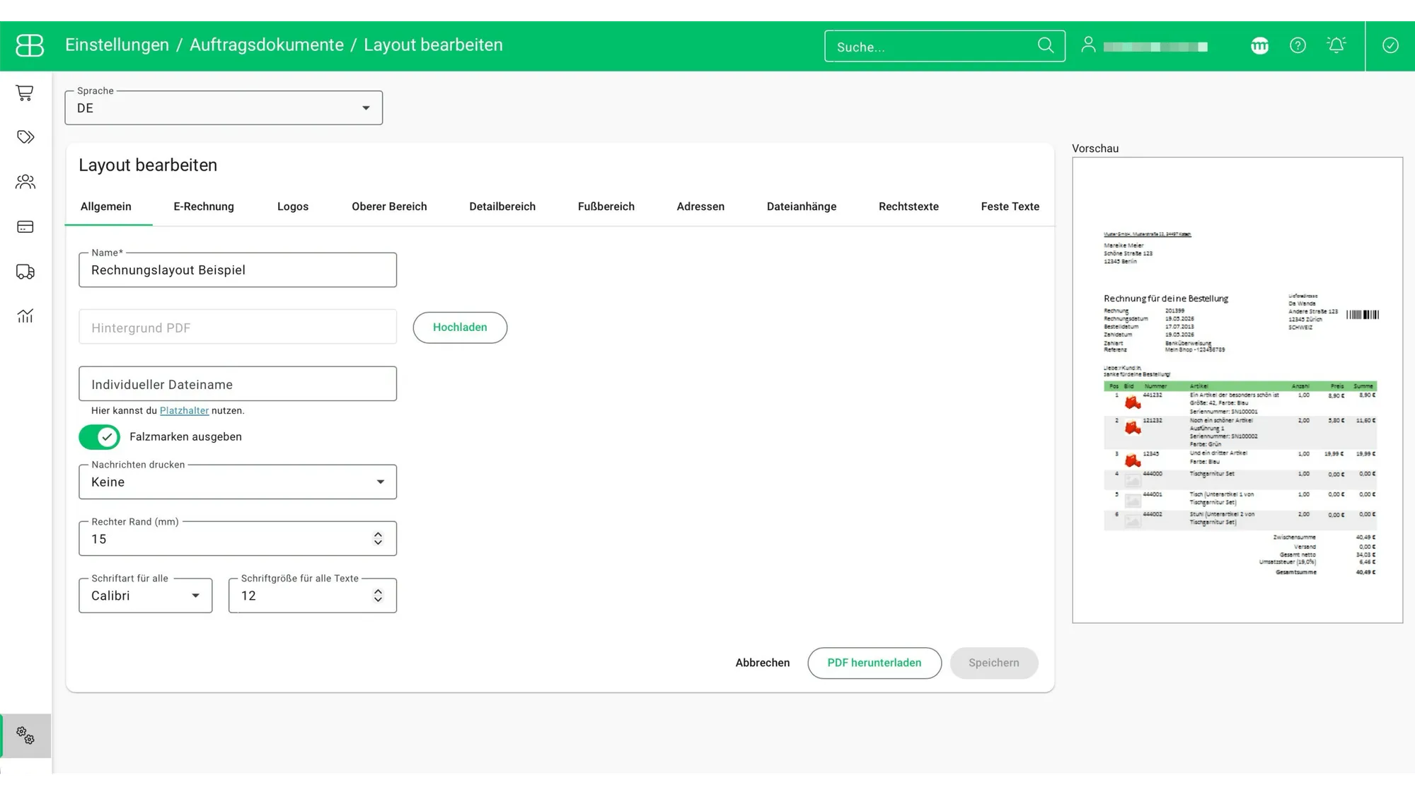 Screenshot aus Billbee zur Individualisierung des Rechnungslayouts