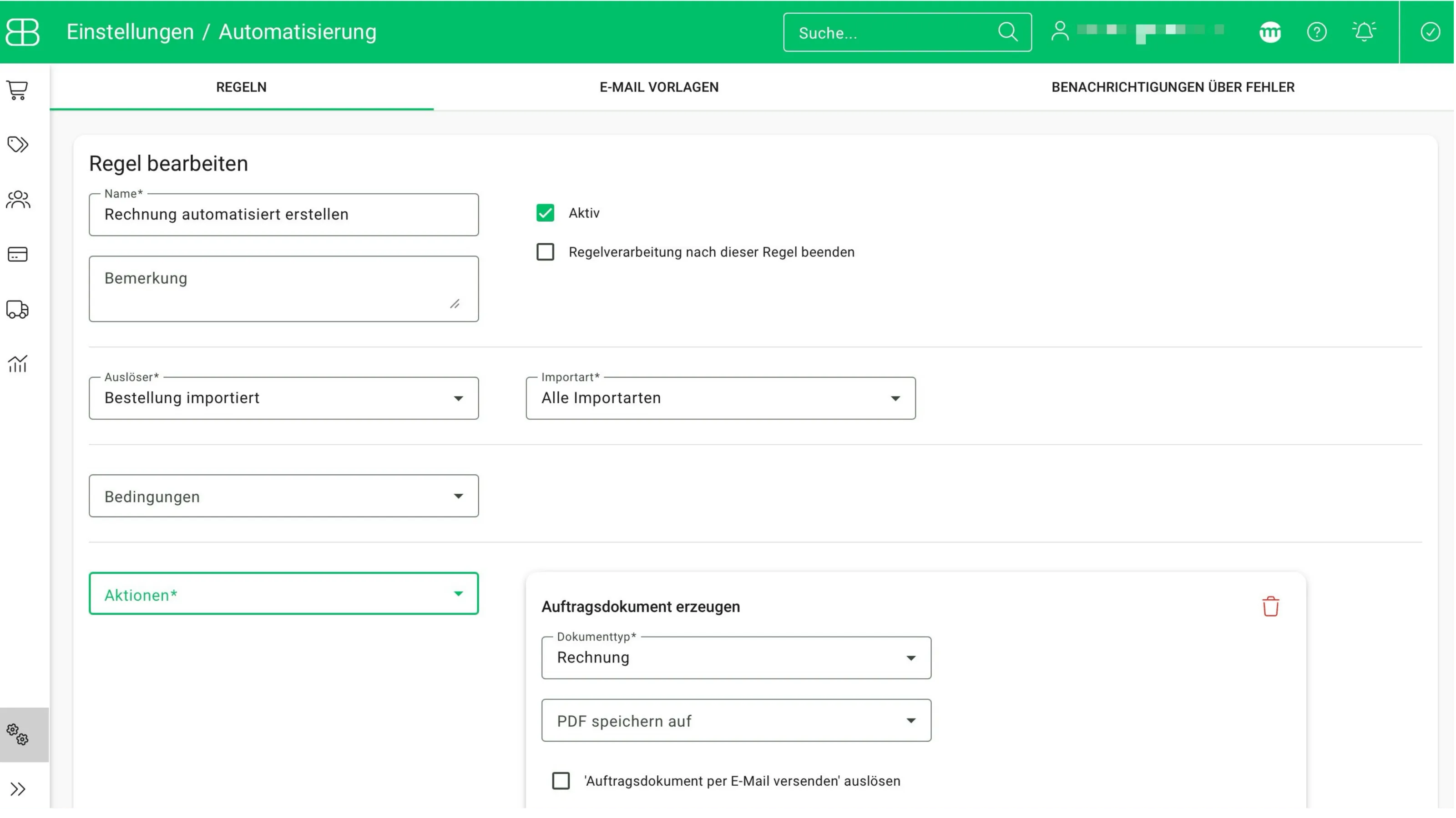 Screenshot aus Billbee zur Erstellung einer Regel für die automatische Rechnungserstellung