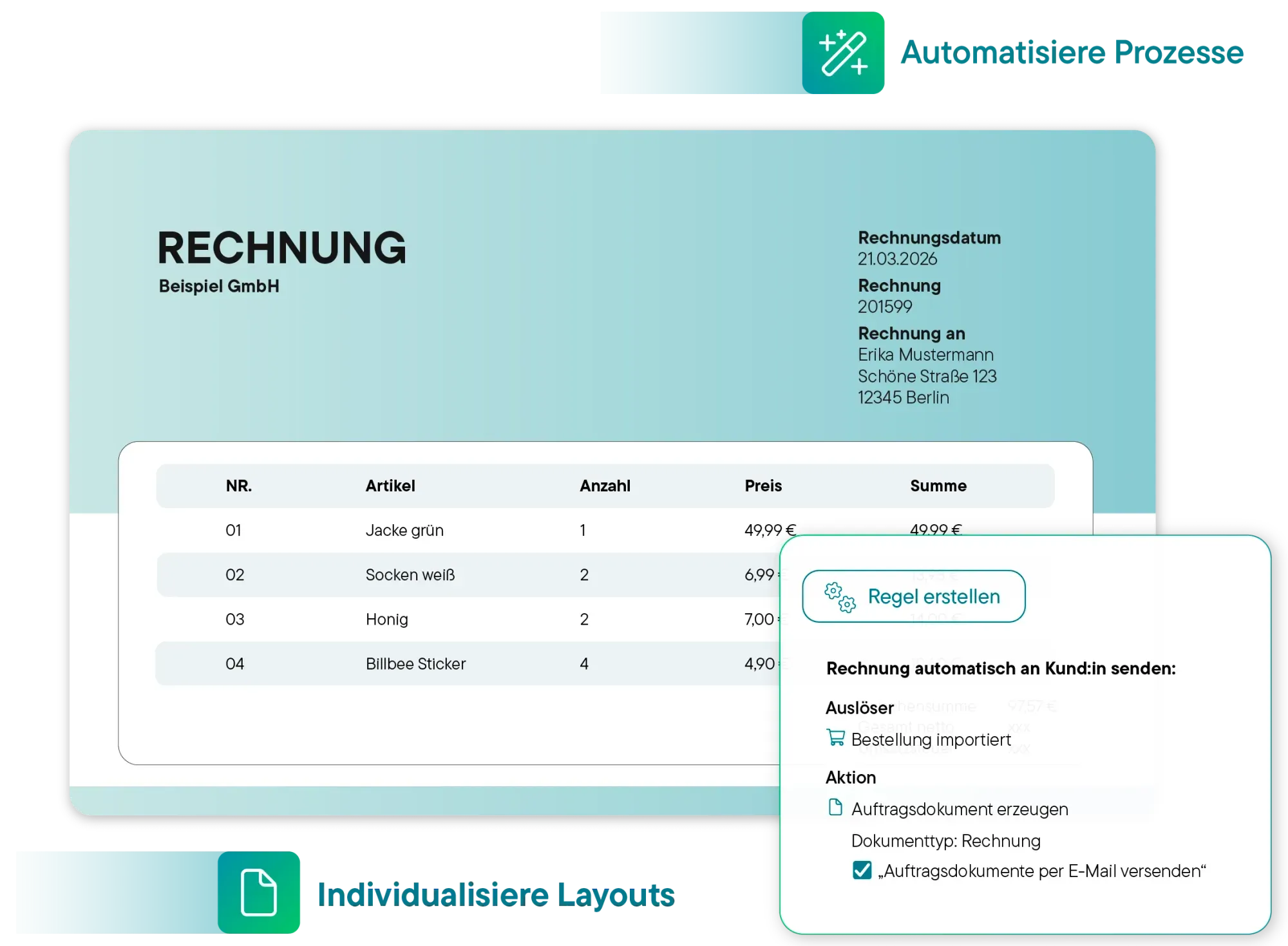 Benutzeroberfläche von Billbee mit einer Tabelle der Bestellungen aus verschiedenen Shops, inklusive Rechnungsnummer, Zahlart, Käufer, Status, Summe und Tags; daneben ein Balkendiagramm mit Berichten für Do und Fr.
