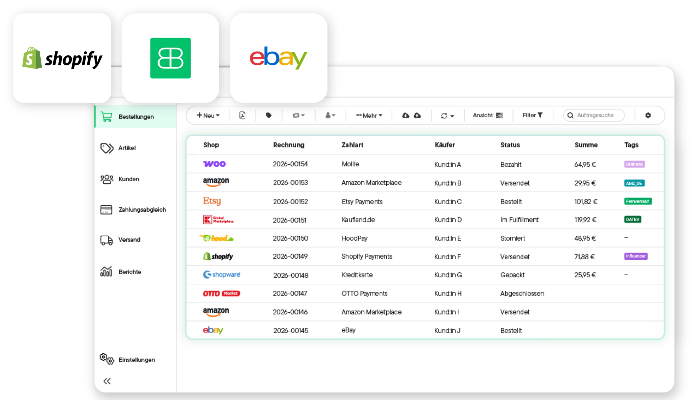 Benutzeroberfläche von Billbee mit einer Tabelle der Bestellungen aus verschiedenen Shops, inklusive Rechnungsnummer, Zahlart, Käufer, Status, Summe und Tags; daneben ein Balkendiagramm mit Berichten für Do und Fr.