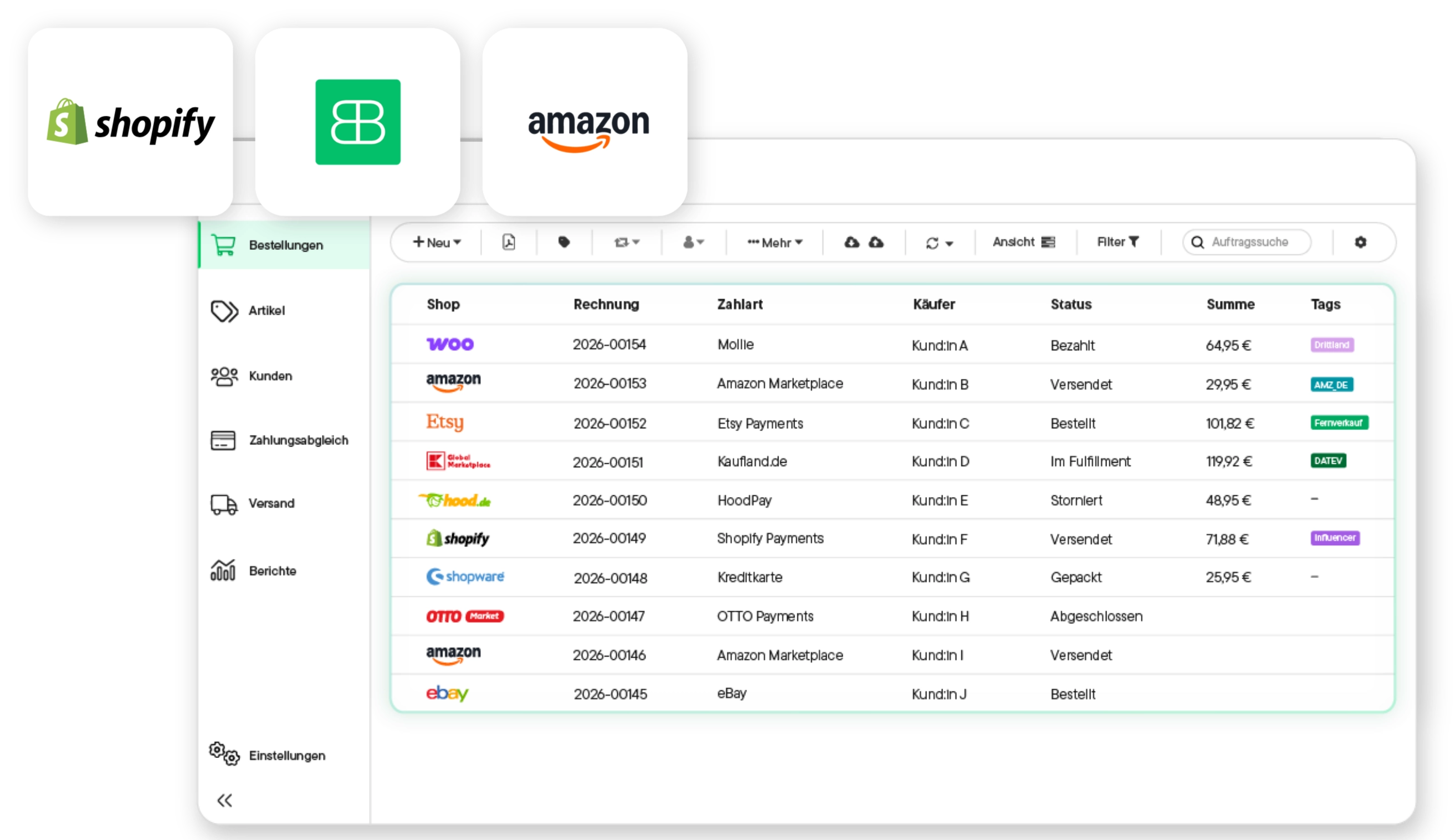 Benutzeroberfläche von Billbee mit einer Tabelle der Bestellungen aus verschiedenen Shops, inklusive Rechnungsnummer, Zahlart, Käufer, Status, Summe und Tags; daneben ein Balkendiagramm mit Berichten für Do und Fr.