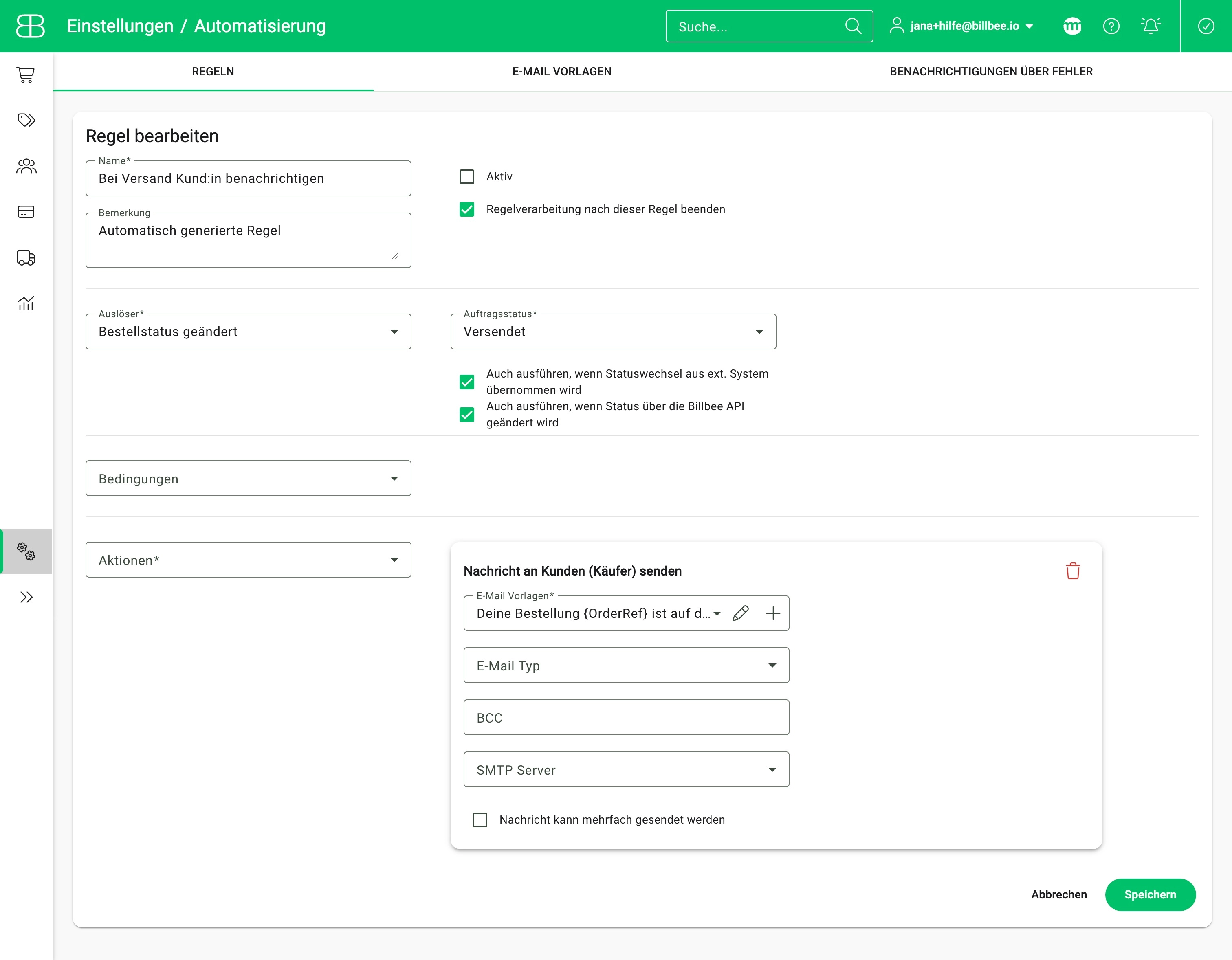 Billbee interface for setting up a rule to automatically send dispatch notifications