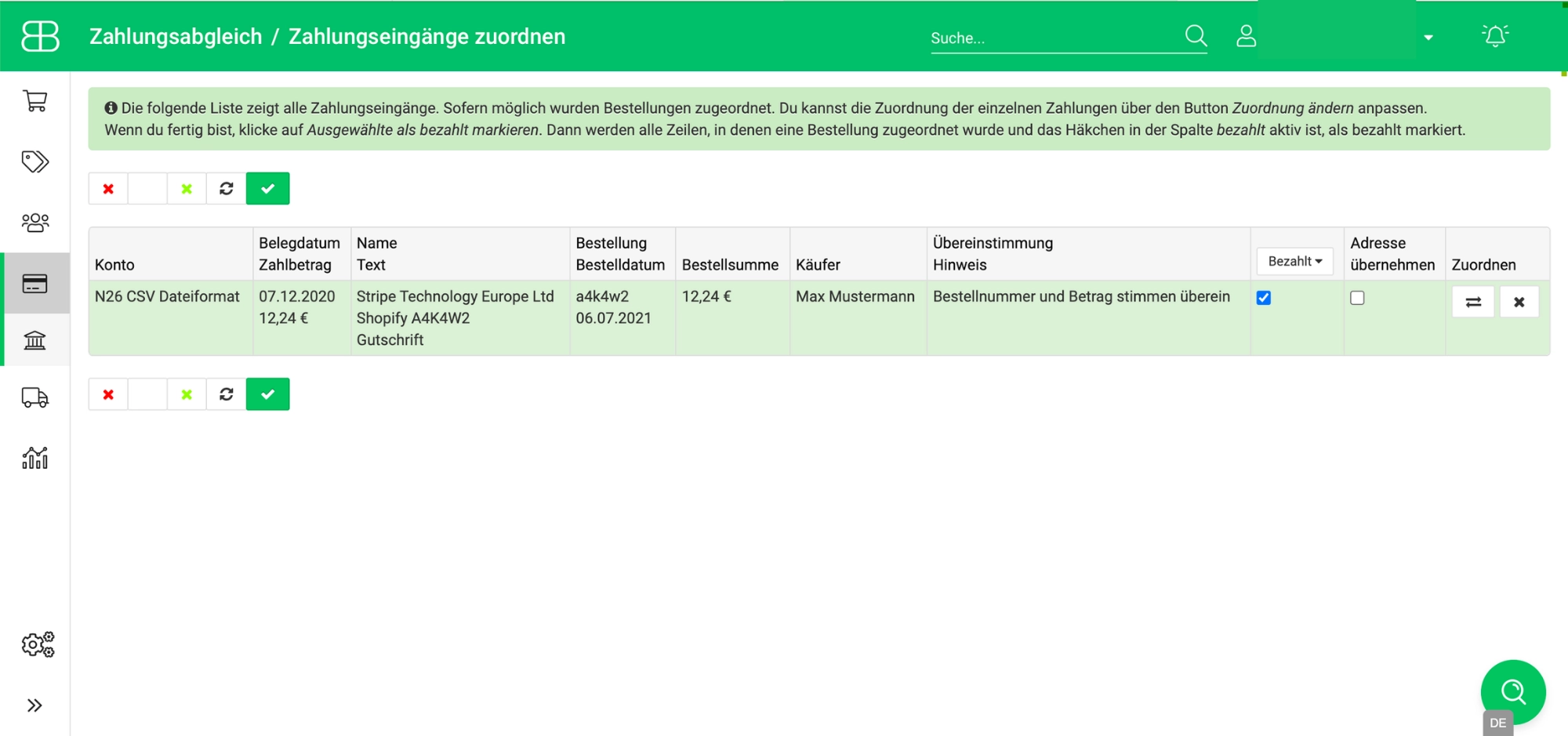 Screenshot from the Billbee interface: Matching incoming payments and automating payment reconciliation