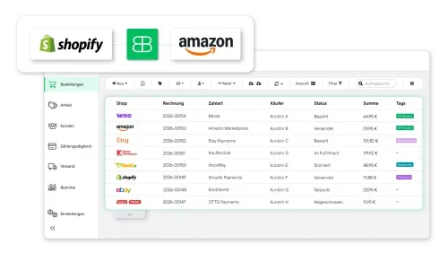 Benutzeroberfläche von Billbee mit einer Tabelle der Bestellungen aus verschiedenen Shops, inklusive Rechnungsnummer, Zahlart, Käufer, Status, Summe und Tags; daneben ein Balkendiagramm mit Berichten für Do und Fr.