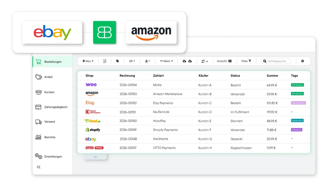 Benutzeroberfläche von Billbee mit einer Tabelle der Bestellungen aus verschiedenen Shops, inklusive Rechnungsnummer, Zahlart, Käufer, Status, Summe und Tags; daneben ein Balkendiagramm mit Berichten für Do und Fr.