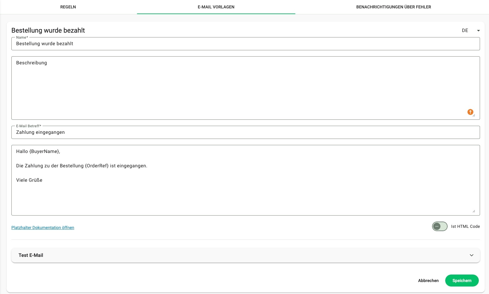 Screenshot aus der Oberfläche von Billbee: E-Mail-Vorlage für eine automatisierte Kundenkommunikation erstellen
