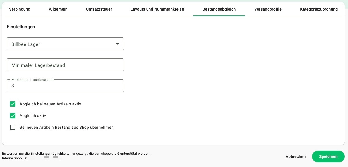 Billbee Oberfläche, die zeigt, wie du deinen Bestandsabgleich in Billbee einfach durch das Setzen eines Häkchens automatisieren kannst