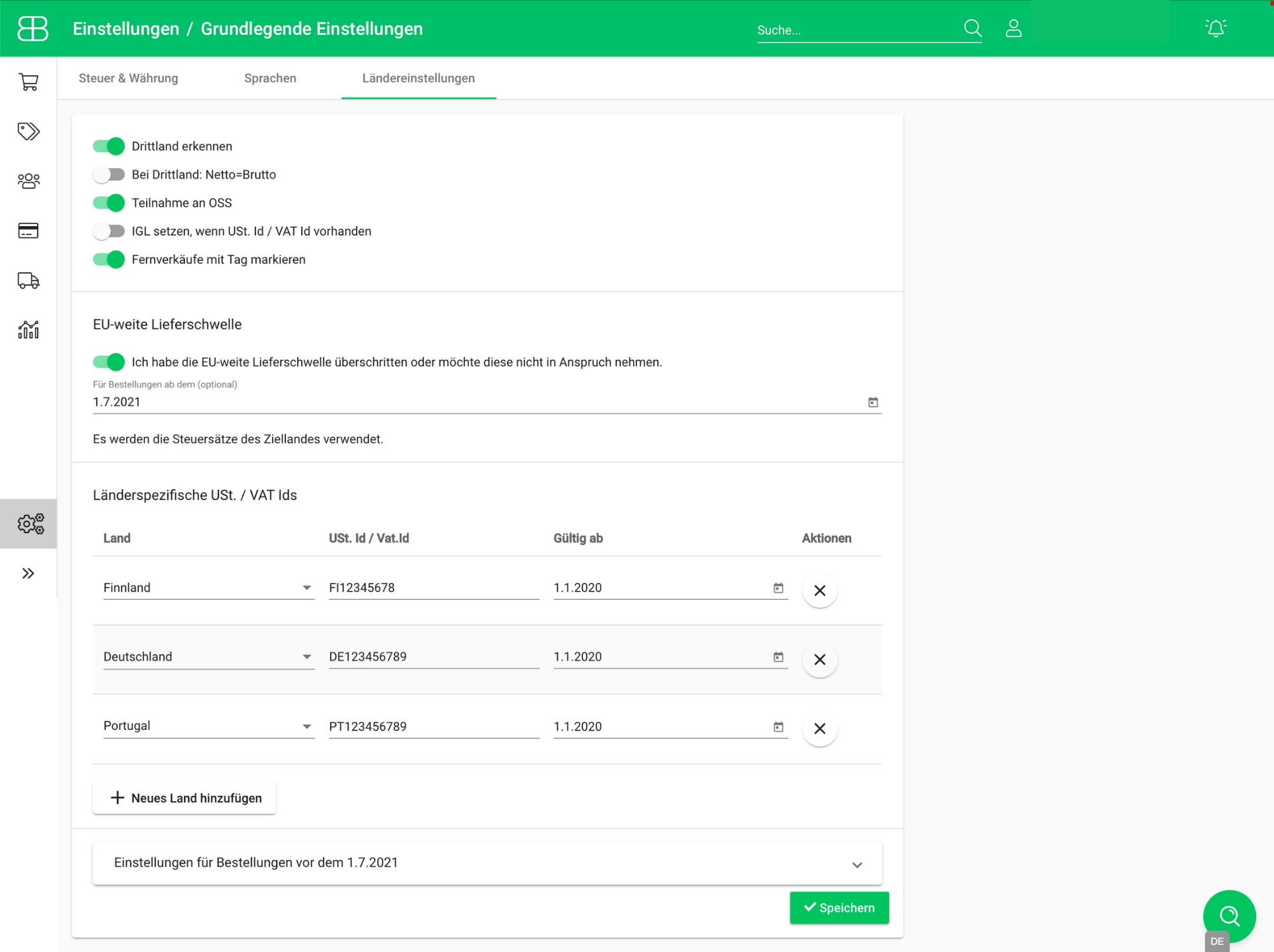 Ländereinstellungen in Billbee für OSS-Verkäufe