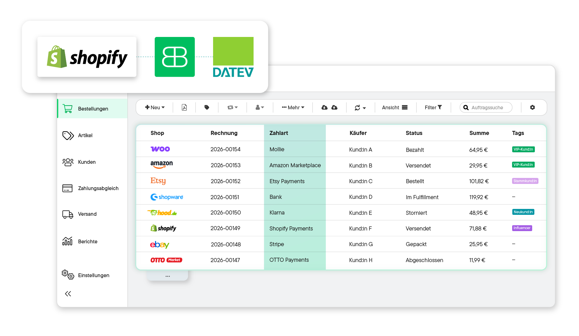 Billbee user interface showing a table of orders from various shops, including invoice number, payment method, buyer, status, total, and tags; next to it, a bar chart with reports for Thu and Fri.