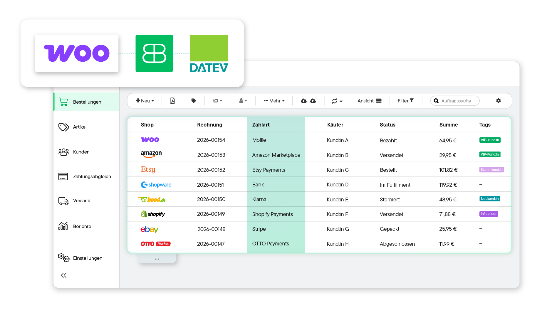 Billbee user interface showing a table of orders from various shops, including invoice number, payment method, buyer, status, total, and tags; next to it, a bar chart with reports for Thu and Fri.