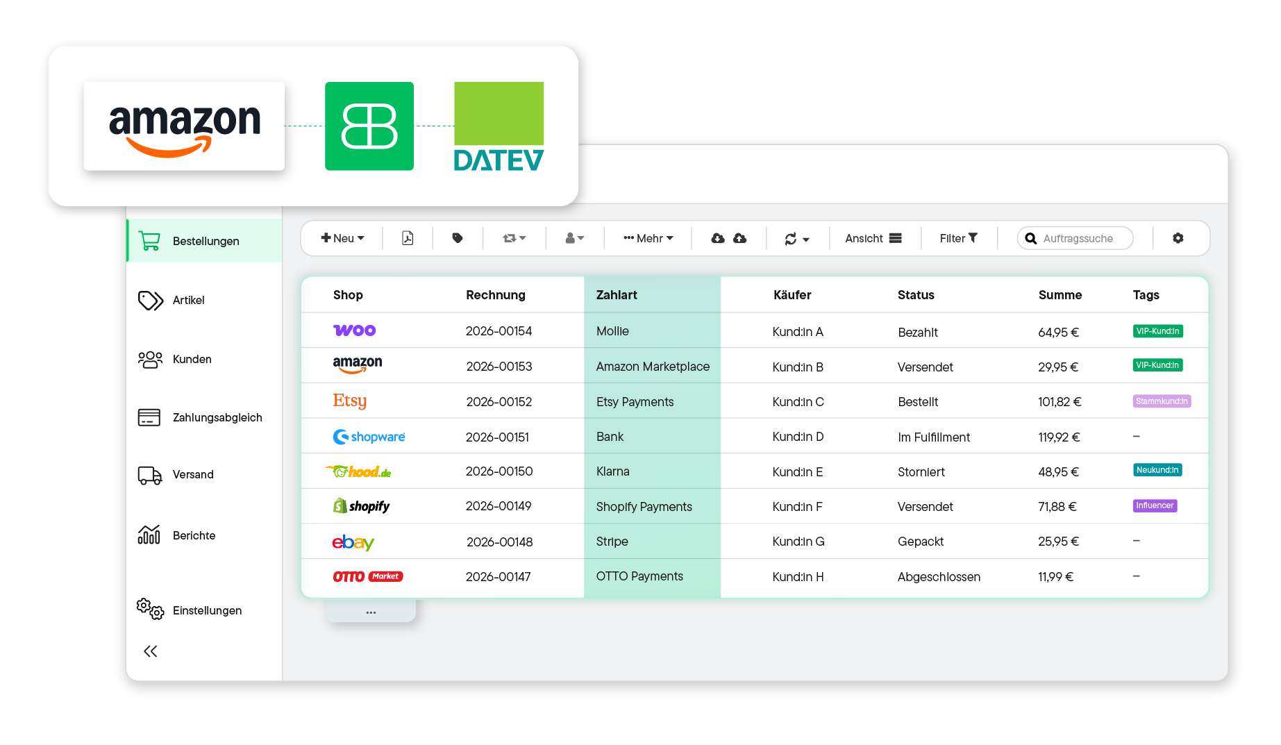 Billbee user interface showing a table of orders from various shops, including invoice number, payment method, buyer, status, total, and tags; next to it, a bar chart with reports for Thu and Fri.