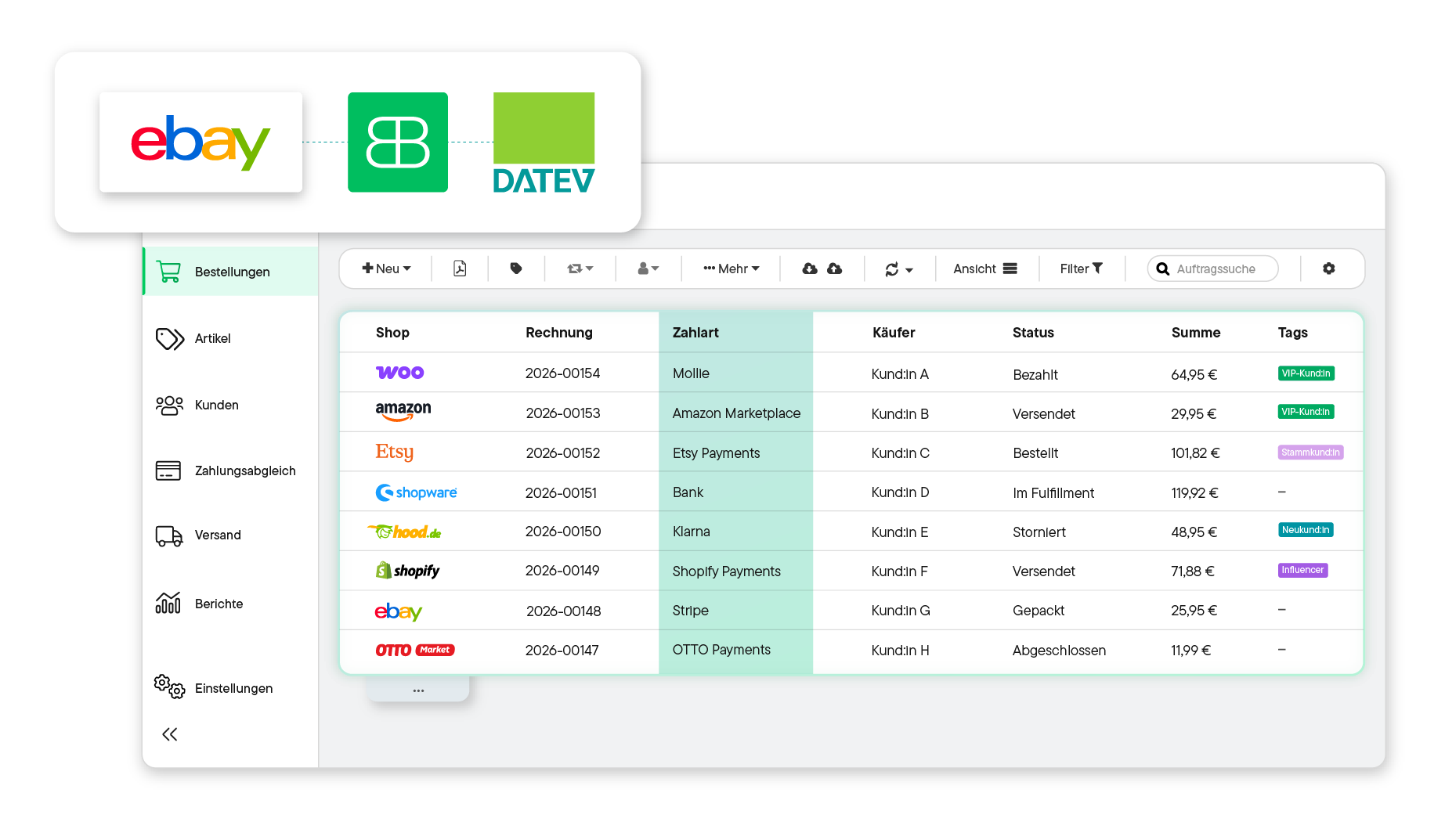 Billbee user interface showing a table of orders from various shops, including invoice number, payment method, buyer, status, total, and tags; next to it, a bar chart with reports for Thu and Fri.