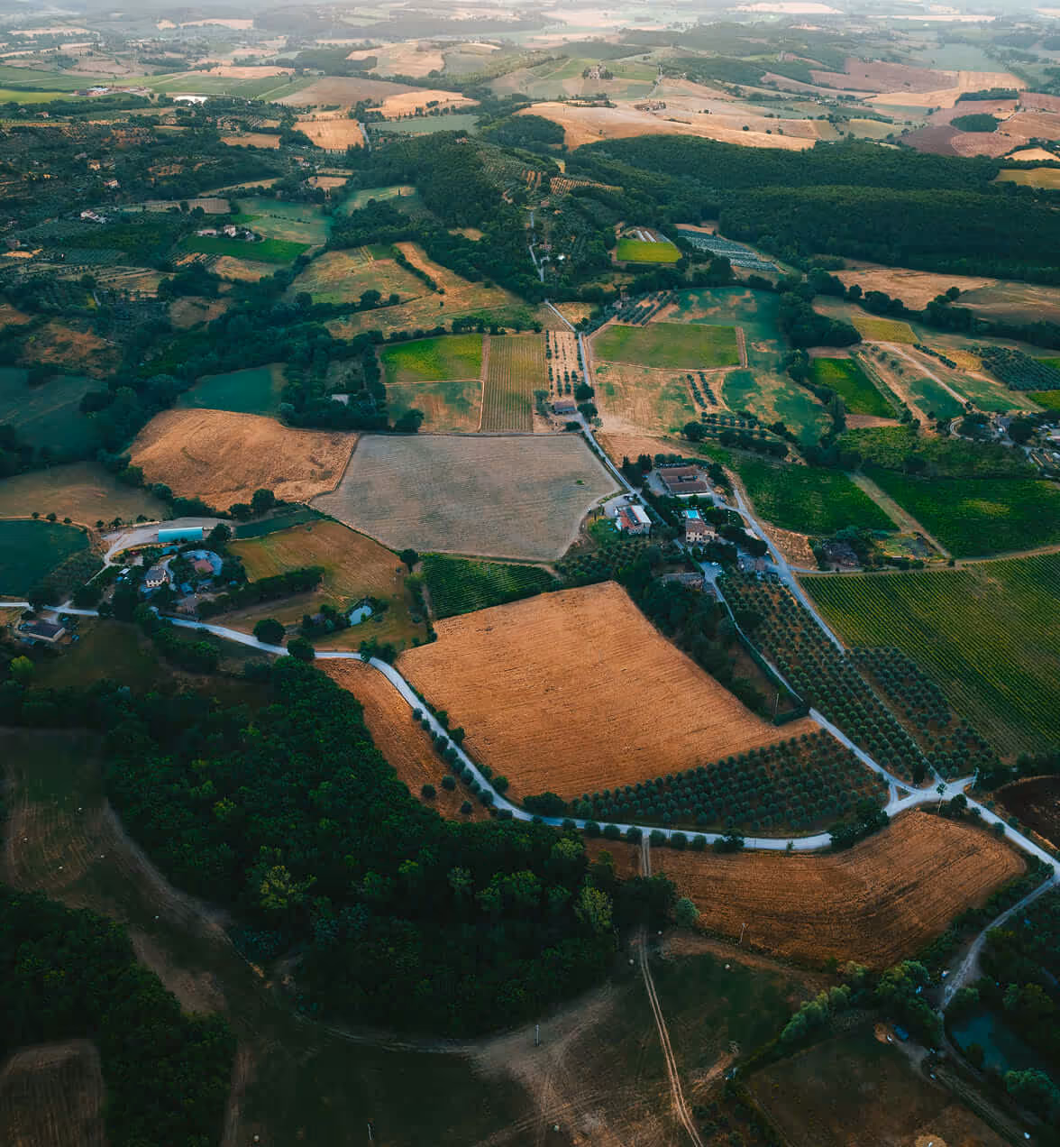 Aerial view of a patchwork of green and brown agricultural fields, forested areas, and rural houses connected by winding roads.