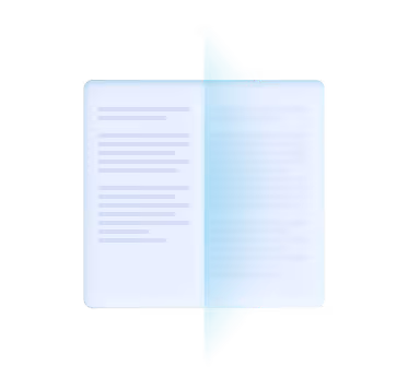 Illustration d'un document ouvert avec du texte flou, accompagné d'une demi-lune bleue lumineuse à droite.