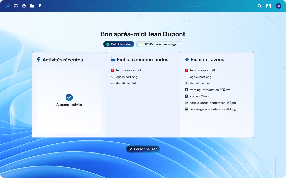 Tableau de bord utilisateur en français avec activités récentes, fichiers recommandés et favoris, météo partielle nuageuse.