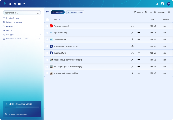 Interface de gestion de fichiers avec une liste de documents, options de recherche et navigation sur fond bleu.