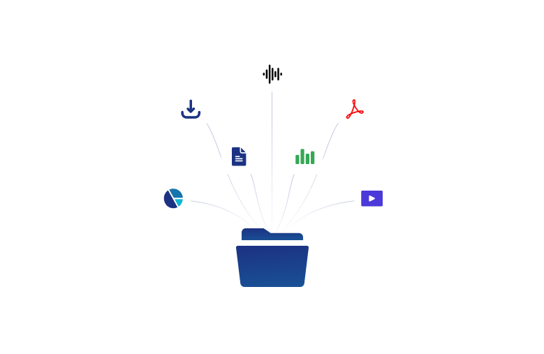 Icônes représentant téléchargement, document, graphique, audio, PDF, vidéo jaillissant d’un pot bleu.