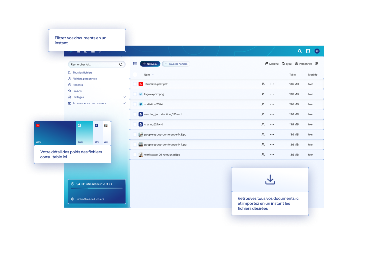 Interface de gestion de fichiers avec liste de documents, filtre de recherche, et statistiques d'utilisation.