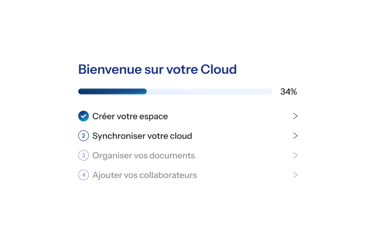 Écran d'accueil cloud en français montrant 34% de progression et quatre étapes dont créer un espace.
