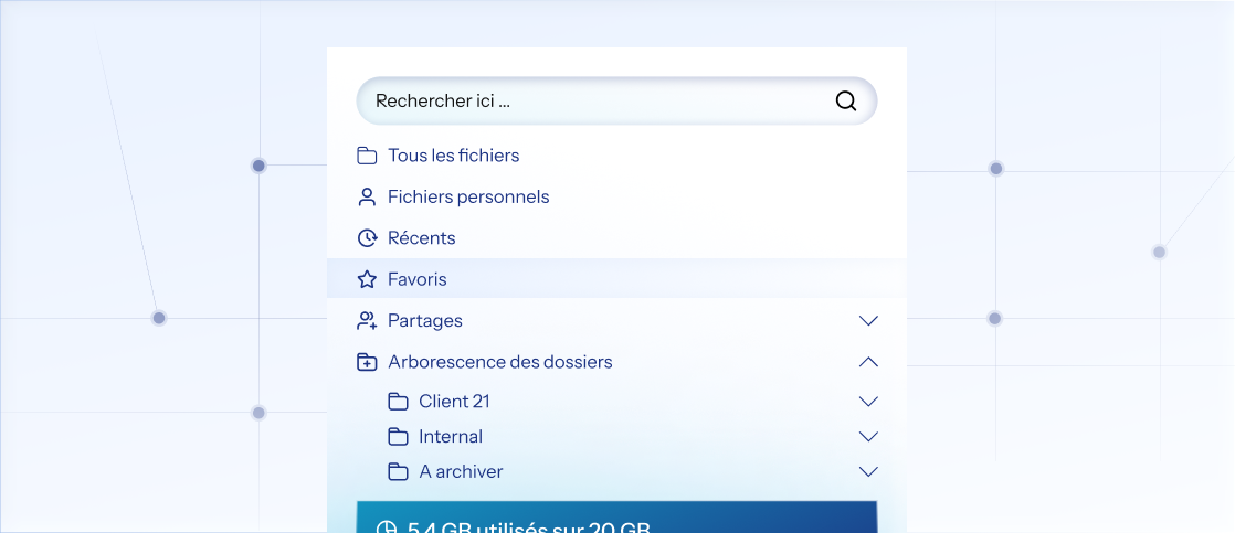 Barre de recherche avec menu de navigation de fichiers incluant fichiers personnels, récents, favoris et arborescence.